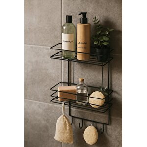 2 Katlı Siyah Kancalı Banyo Duş Rafı, Şampuanlık, Lif/kese Askılı, Paslanmaz Metal, Banyo Düzenleyici - (tş-02)