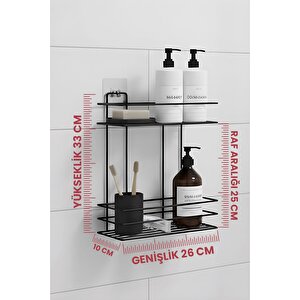 2 Katlı Siyah Kancalı Banyo Duş Rafı, Şampuanlık, Lif/kese Askılı, Paslanmaz Metal, Banyo Düzenleyici - (tş-02)