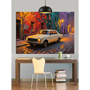 Renkli Sokakta Sarı Araba Dekoratif Kanvas - Mdf Ahşap Tablo 50x70 cm