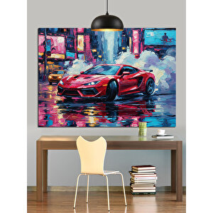 Yağmurlu Sokakta Kırmızı Araba Dekoratif Kanvas - Mdf Ahşap Tablo