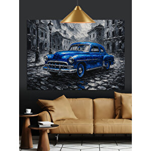 Yağmurlu Sokakta Mavi Araba Dekoratif Kanvas - Mdf Ahşap Tablo 50x70 cm