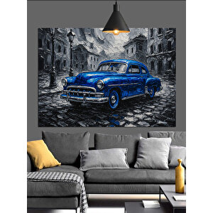 Yağmurlu Sokakta Mavi Araba Dekoratif Kanvas - Mdf Ahşap Tablo 50x70 cm