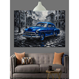 Yağmurlu Sokakta Mavi Araba Dekoratif Kanvas - Mdf Ahşap Tablo 50x70 cm