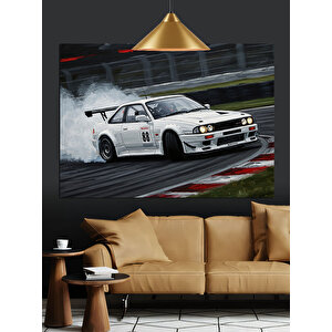 Pistte Hızlı Beyaz Araba Dekoratif Kanvas - Mdf Ahşap Tablo 70x100 cm