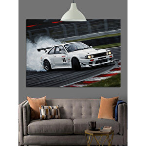 Pistte Hızlı Beyaz Araba Dekoratif Kanvas - Mdf Ahşap Tablo 70x100 cm