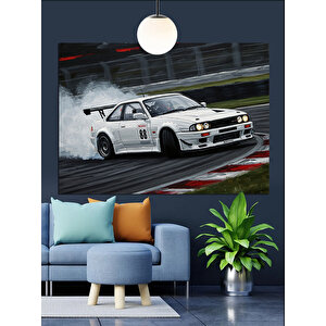 Pistte Hızlı Beyaz Araba Dekoratif Kanvas - Mdf Ahşap Tablo