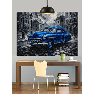 Yağmurlu Sokakta Mavi Araba Dekoratif Kanvas - Mdf Ahşap Tablo
