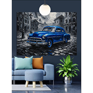 Yağmurlu Sokakta Mavi Araba Dekoratif Kanvas - Mdf Ahşap Tablo
