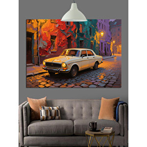 Renkli Sokakta Sarı Araba Dekoratif Kanvas - Mdf Ahşap Tablo 70x100 cm