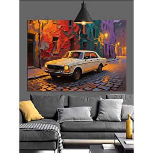 Renkli Sokakta Sarı Araba Dekoratif Kanvas - Mdf Ahşap Tablo