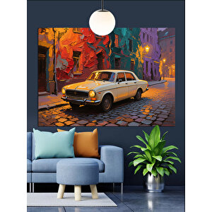 Renkli Sokakta Sarı Araba Dekoratif Kanvas - Mdf Ahşap Tablo 25x35 cm