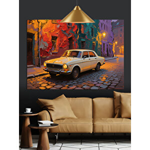 Renkli Sokakta Sarı Araba Dekoratif Kanvas - Mdf Ahşap Tablo