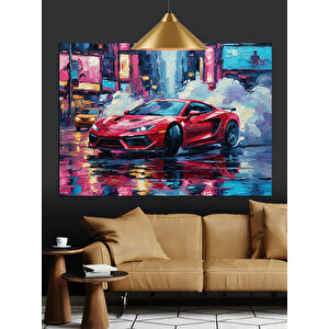 Yağmurlu Sokakta Kırmızı Araba Dekoratif Kanvas - Mdf Ahşap Tablo 70x100 cm