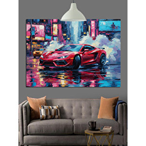 Yağmurlu Sokakta Kırmızı Araba Dekoratif Kanvas - Mdf Ahşap Tablo
