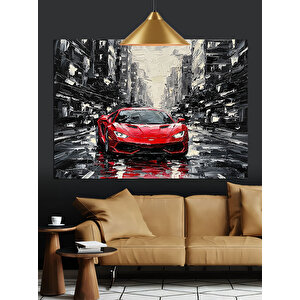 Yağmur Altında Kırmızı Araba Dekoratif Kanvas - Mdf Ahşap Tablo 70x100 cm
