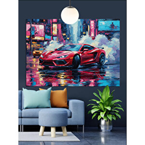 Yağmurlu Sokakta Kırmızı Araba Dekoratif Kanvas - Mdf Ahşap Tablo 70x100 cm