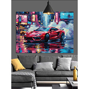 Yağmurlu Sokakta Kırmızı Araba Dekoratif Kanvas - Mdf Ahşap Tablo 70x100 cm