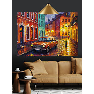 Sokakta Mavi Klasik Araba Dekoratif Kanvas - Mdf Ahşap Tablo 70x100 cm