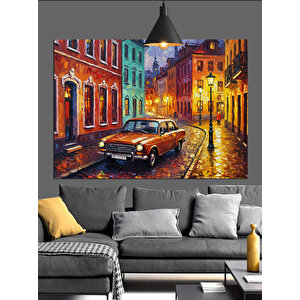 Sokakta Mavi Klasik Araba Dekoratif Kanvas - Mdf Ahşap Tablo 70x100 cm