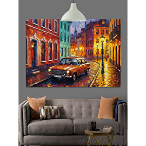 Sokakta Mavi Klasik Araba Dekoratif Kanvas - Mdf Ahşap Tablo 70x100 cm