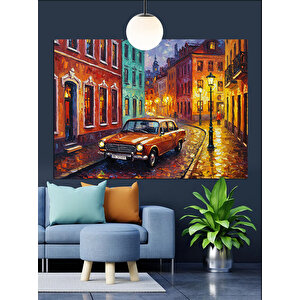 Sokakta Mavi Klasik Araba Dekoratif Kanvas - Mdf Ahşap Tablo