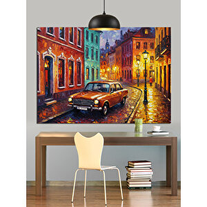 Sokakta Mavi Klasik Araba Dekoratif Kanvas - Mdf Ahşap Tablo
