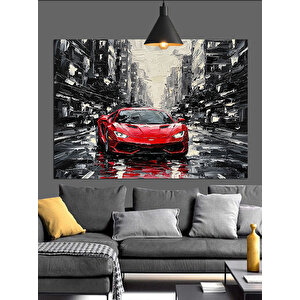 Yağmur Altında Kırmızı Araba Dekoratif Kanvas - Mdf Ahşap Tablo 25x35 cm