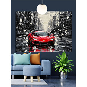 Yağmur Altında Kırmızı Araba Dekoratif Kanvas - Mdf Ahşap Tablo