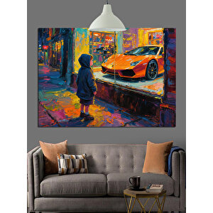 Çocuk Ve Turuncu Araba Dekoratif Kanvas - Mdf Ahşap Tablo 50x70 cm