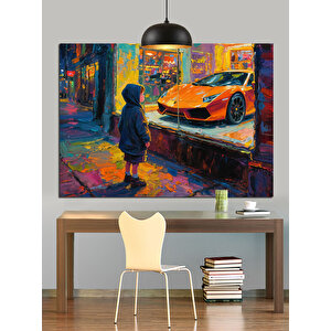 Çocuk Ve Turuncu Araba Dekoratif Kanvas - Mdf Ahşap Tablo 50x70 cm