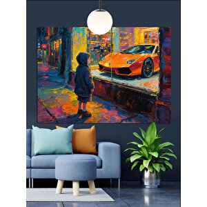 Çocuk Ve Turuncu Araba Dekoratif Kanvas - Mdf Ahşap Tablo 70x100 cm