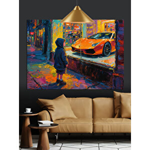 Çocuk Ve Turuncu Araba Dekoratif Kanvas - Mdf Ahşap Tablo