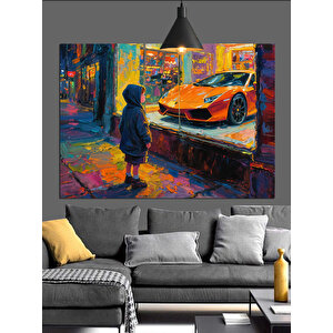 Çocuk Ve Turuncu Araba Dekoratif Kanvas - Mdf Ahşap Tablo