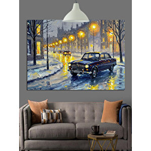 Karlı Sokakta Klasik Araba Dekoratif Kanvas - Mdf Ahşap Tablo 70x100 cm