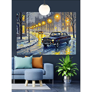 Karlı Sokakta Klasik Araba Dekoratif Kanvas - Mdf Ahşap Tablo