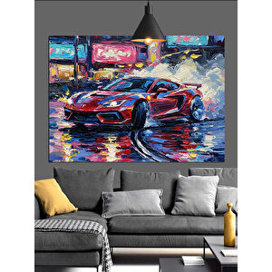 Neon Sokakta Spor Araba Dekoratif Kanvas - Mdf Ahşap Tablo