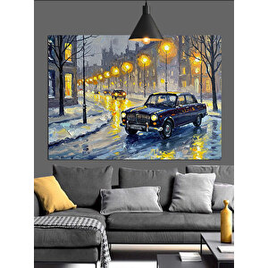 Karlı Sokakta Klasik Araba Dekoratif Kanvas - Mdf Ahşap Tablo 35x50 cm