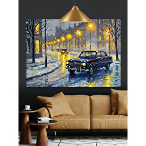 Karlı Sokakta Klasik Araba Dekoratif Kanvas - Mdf Ahşap Tablo