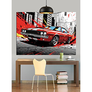 Grafik Tarzda Kırmızı Araba Dekoratif Kanvas - Mdf Ahşap Tablo 70x100 cm