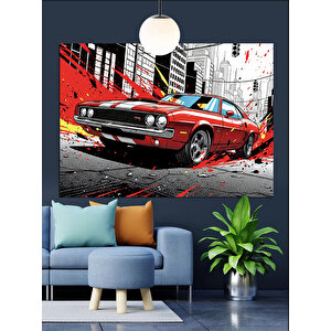 Grafik Tarzda Kırmızı Araba Dekoratif Kanvas - Mdf Ahşap Tablo 70x100 cm