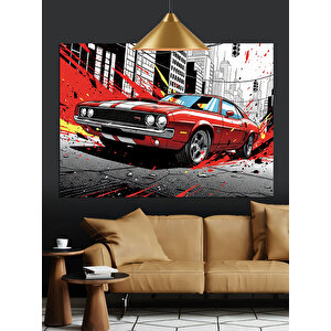 Grafik Tarzda Kırmızı Araba Dekoratif Kanvas - Mdf Ahşap Tablo 70x100 cm