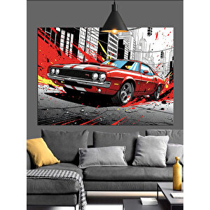 Grafik Tarzda Kırmızı Araba Dekoratif Kanvas - Mdf Ahşap Tablo