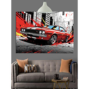 Grafik Tarzda Kırmızı Araba Dekoratif Kanvas - Mdf Ahşap Tablo