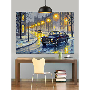 Karlı Sokakta Klasik Araba Dekoratif Kanvas - Mdf Ahşap Tablo 50x70 cm