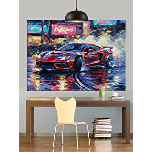Neon Sokakta Spor Araba Dekoratif Kanvas - Mdf Ahşap Tablo 70x100 cm