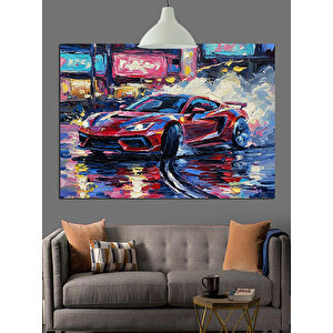 Neon Sokakta Spor Araba Dekoratif Kanvas - Mdf Ahşap Tablo