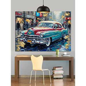 Yağmurlu Sokakta Yeşil Araba Dekoratif Kanvas - Mdf Ahşap Tablo 50x70 cm