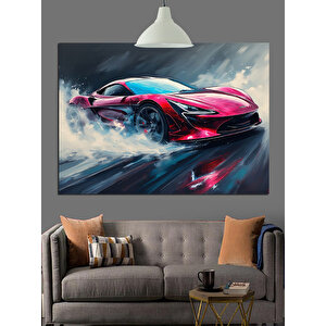 Pistte Hızlı Kırmızı Araba Dekoratif Kanvas - Mdf Ahşap Tablo