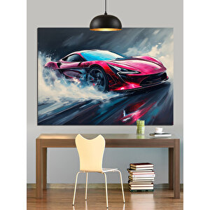 Pistte Hızlı Kırmızı Araba Dekoratif Kanvas - Mdf Ahşap Tablo