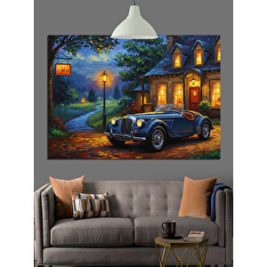 Klasik Ev Önünde Araba Dekoratif Kanvas - Mdf Ahşap Tablo 25x35 cm